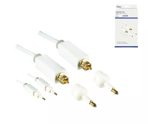 Cabo Toslink, comprimento 2,00 m em branco, 4 mm de diâmetro, ficha HQ, gama Mónaco, + 2 adaptadores para mini Toslink, caixa DINIC